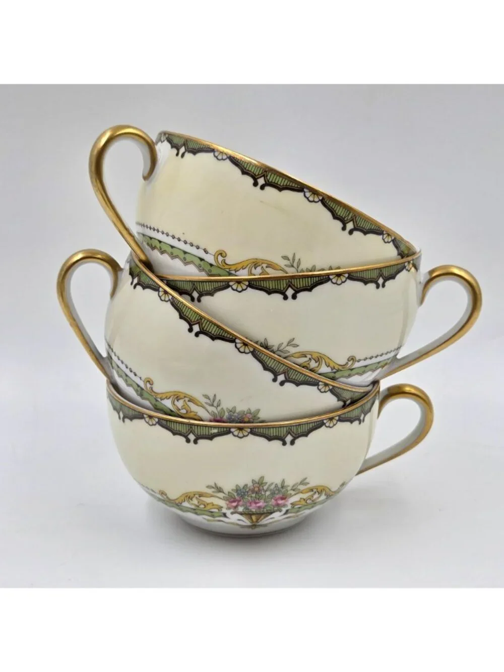 Noritake Penelope Set of 4 Flat Cup & Saucer Set Green Pink Roses Gold Trim